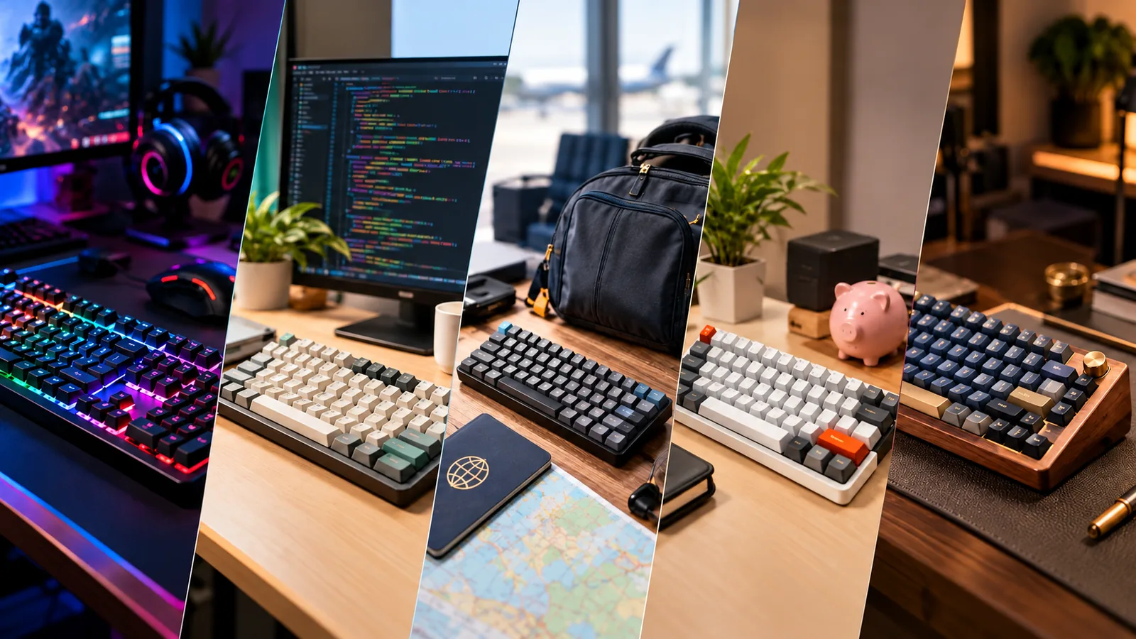 A collage of mechanical keyboards set up for gaming, programming, travel, budget shopping, and a premium desktop workspace.