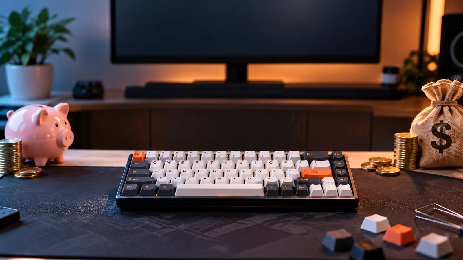 A mechanical keyboard sits on a desk between a piggy bank and stacks of coins.