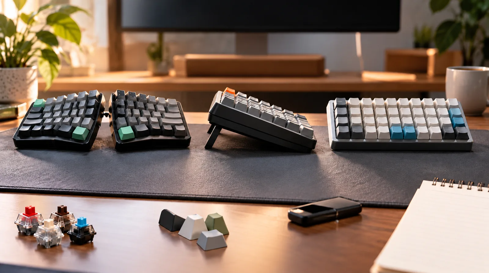 Split, tented, and compact mechanical keyboards sit side by side on a desk.