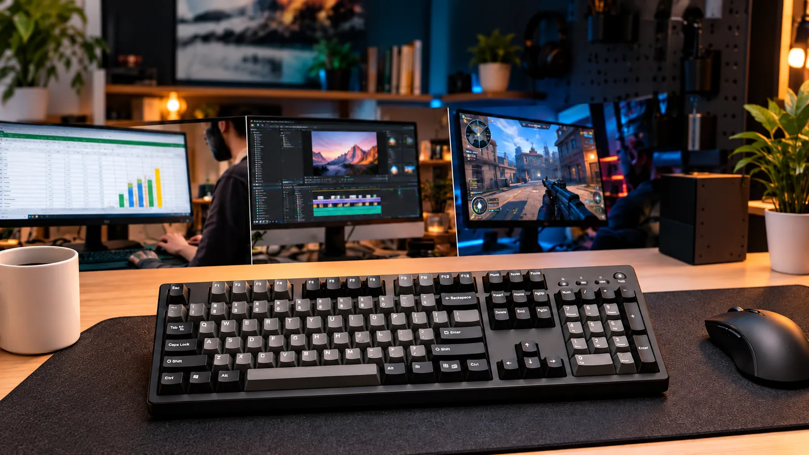 A full-size black mechanical keyboard with a dedicated numeric keypad sits on a desk beneath work and gaming monitors, with a mouse beside it.