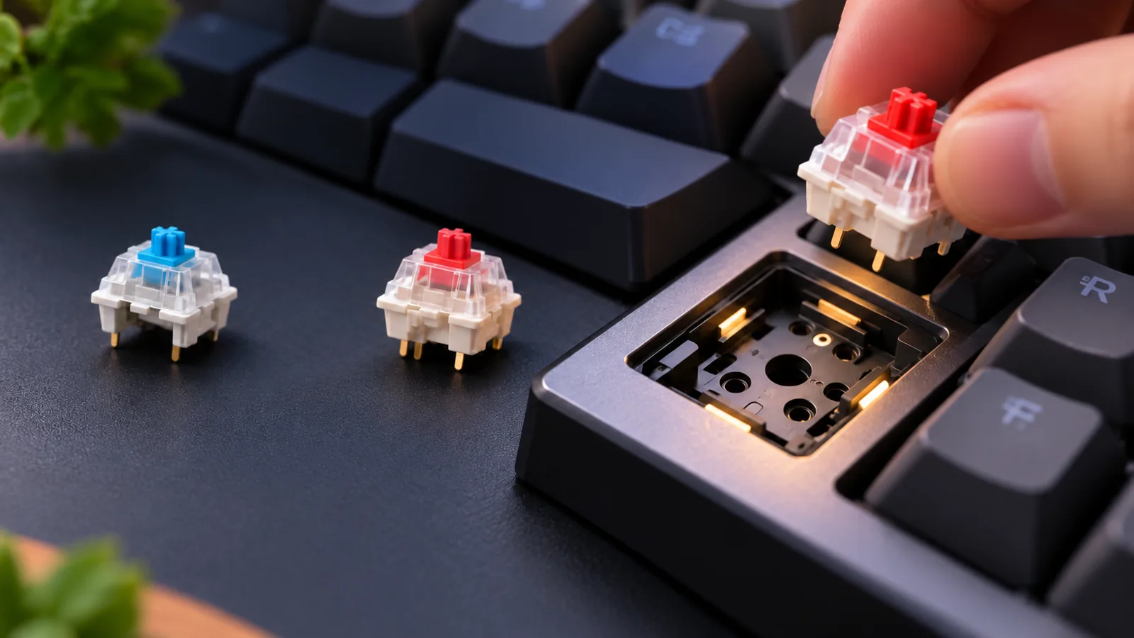 A hand removes a red mechanical switch above an exposed hot-swap socket on a keyboard PCB, with blue and red switches nearby.