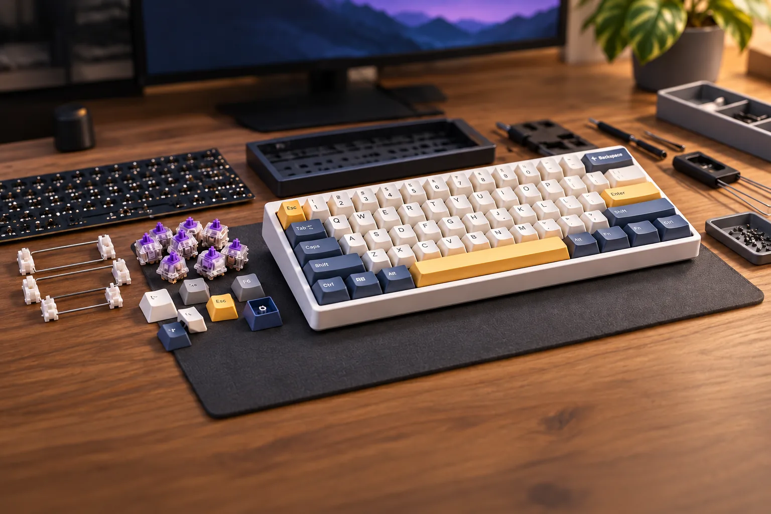 A mechanical keyboard build arranged on a workbench, with a finished compact keyboard beside loose switches, keycaps, stabilizers, a PCB, and assembly tools.