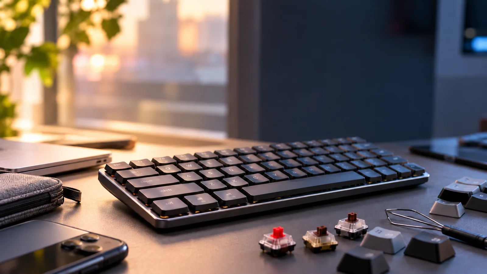 A slim low-profile mechanical keyboard sits on a desk beside a travel case, phone, and loose switches and keycaps.