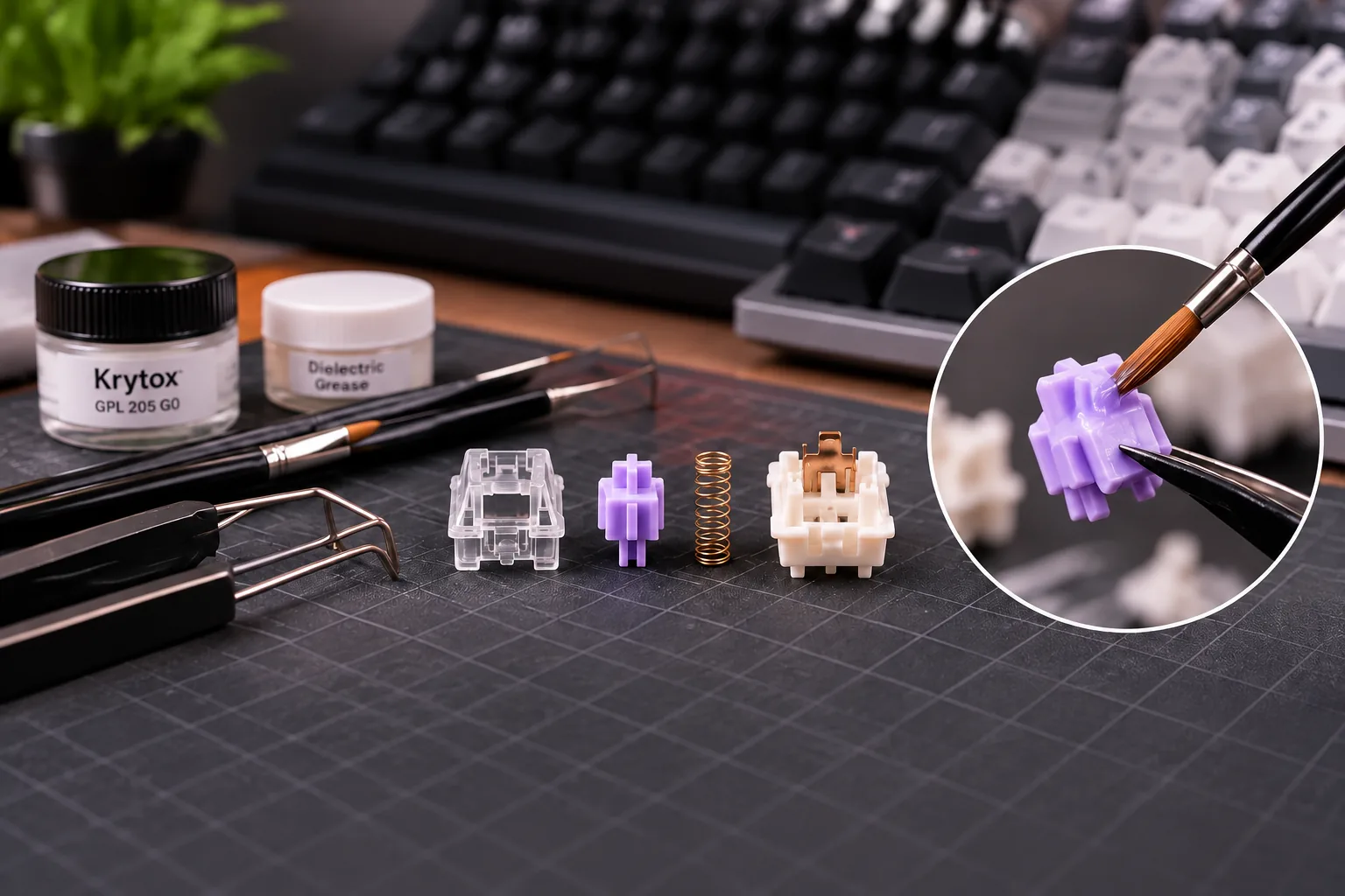 An opened mechanical keyboard switch, its loose stem and spring, and a brush applying lubricant sit beside small lubricant containers and precision tools on a work mat.