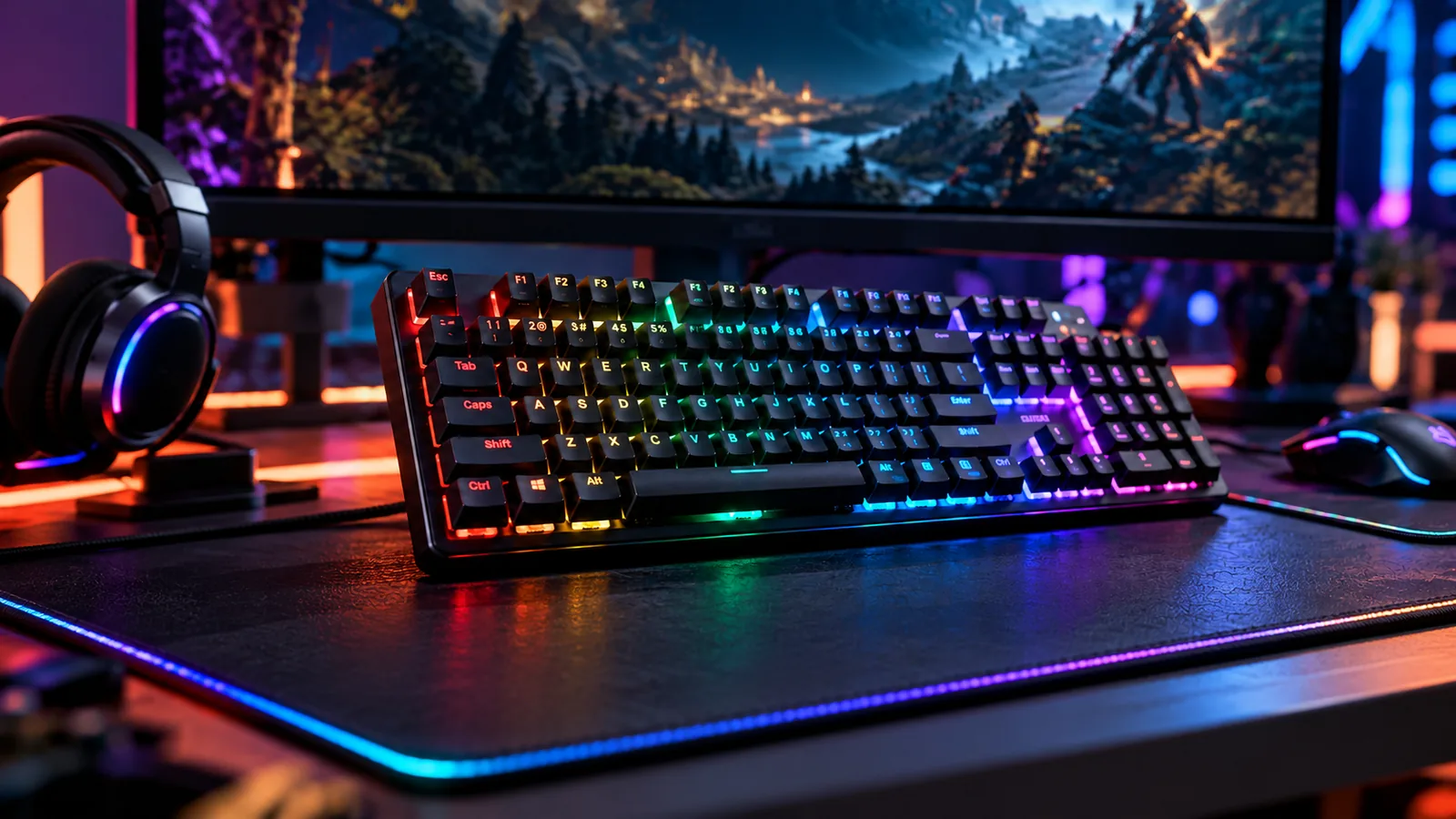 An RGB mechanical gaming keyboard sits centered on a desk with a gaming mouse and headphones beside it and a colorful game on the monitor.