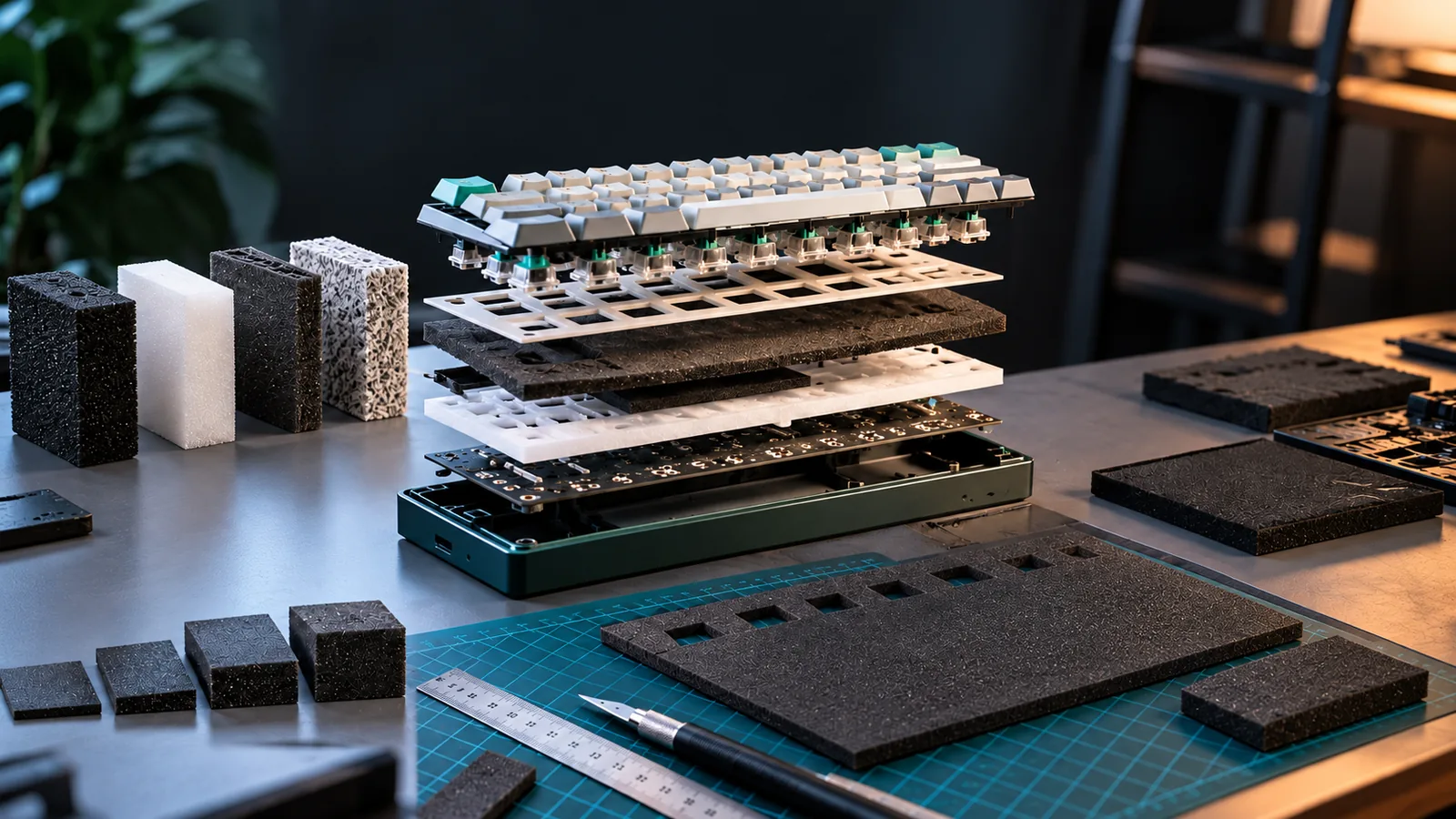 An exploded mechanical keyboard assembly shows several foam layers above its case, with foam samples, cut foam sheets, a ruler, cutting mat, and precision knife nearby.