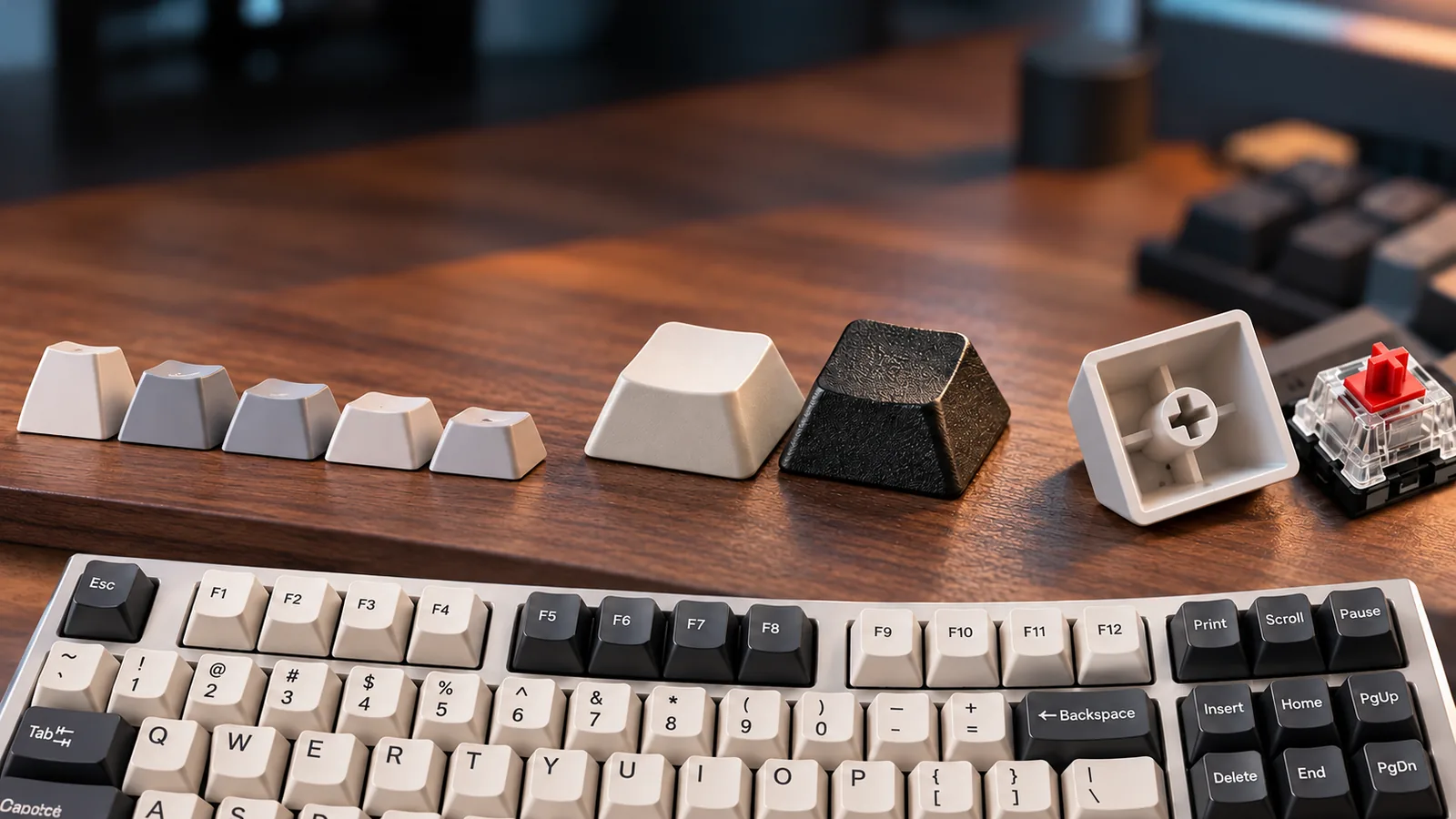 A full mechanical keyboard sits below loose sculpted keycap samples, two textured material samples, and a keycap underside showing its cross-shaped stem beside a switch.