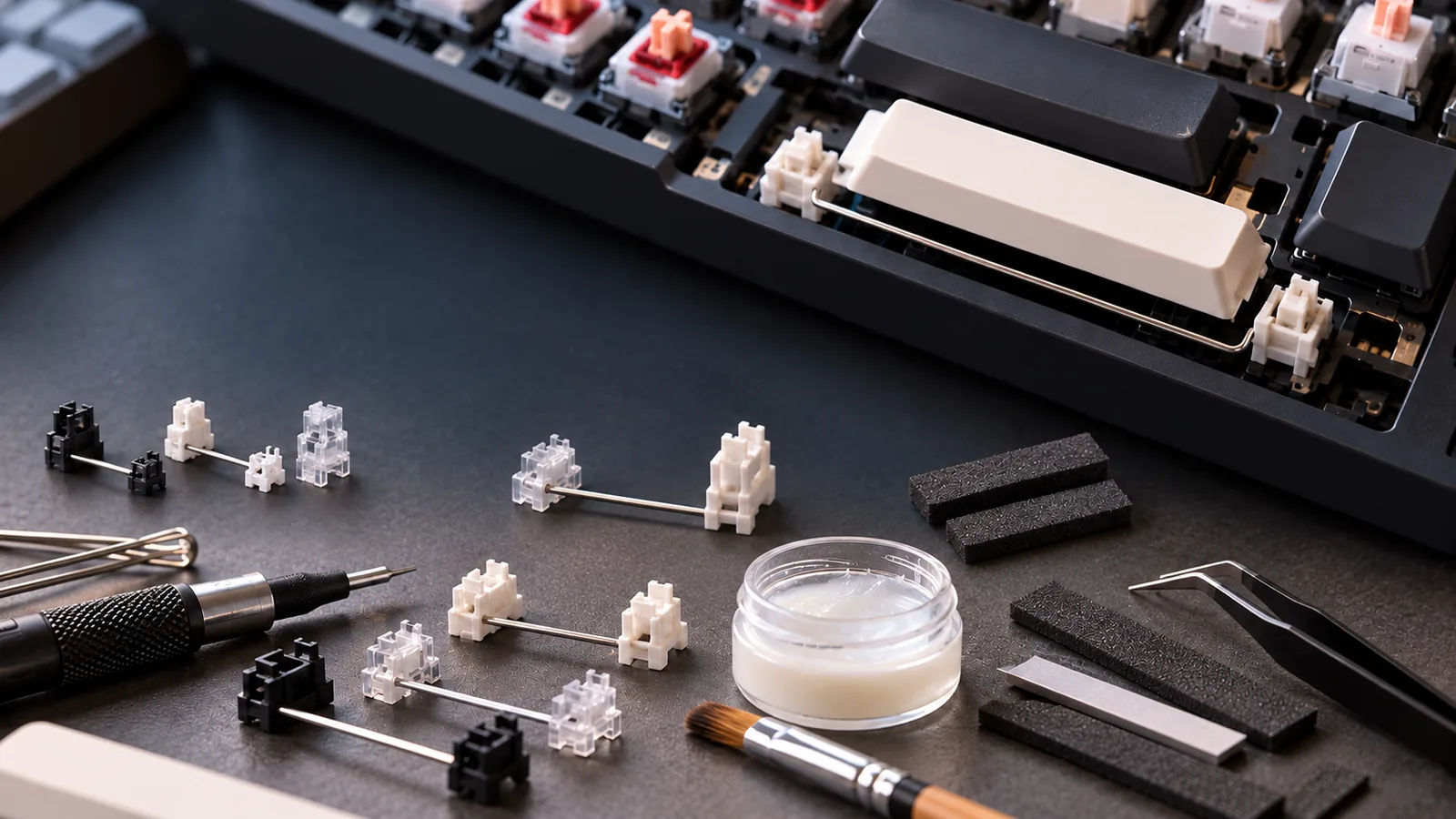 An open mechanical keyboard with a long stabilized spacebar is surrounded by detached stabilizer wires and housings, lubricant, a brush, foam strips, and precision tools.