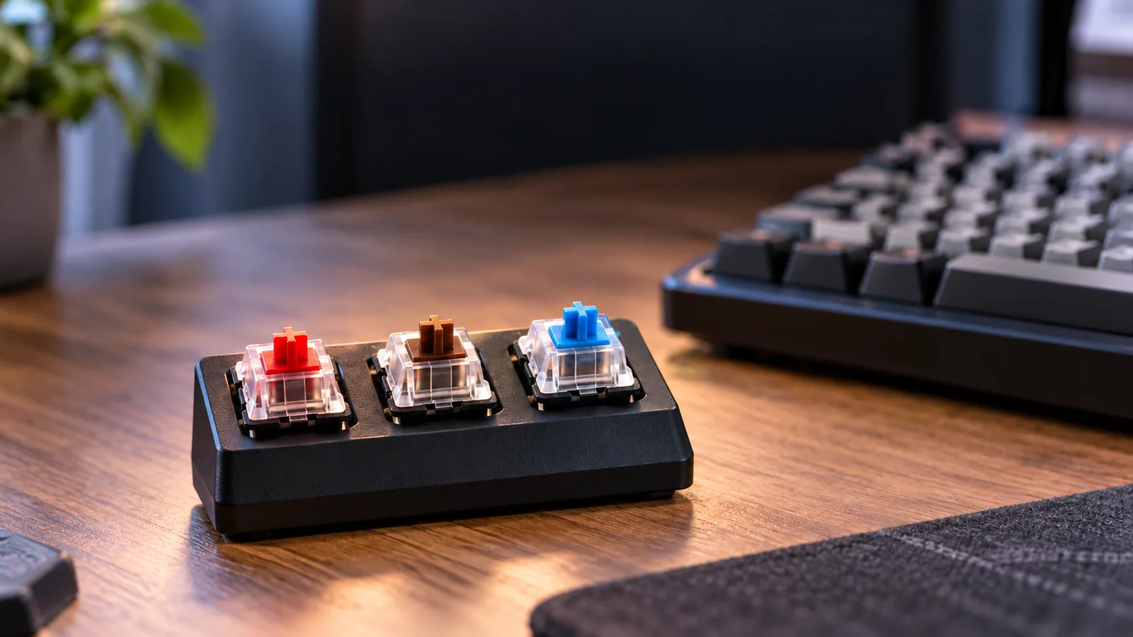 A compact black switch tester holds three clear mechanical switches with red, brown, and blue stems on a wooden desk, with a full keyboard softly blurred behind it.