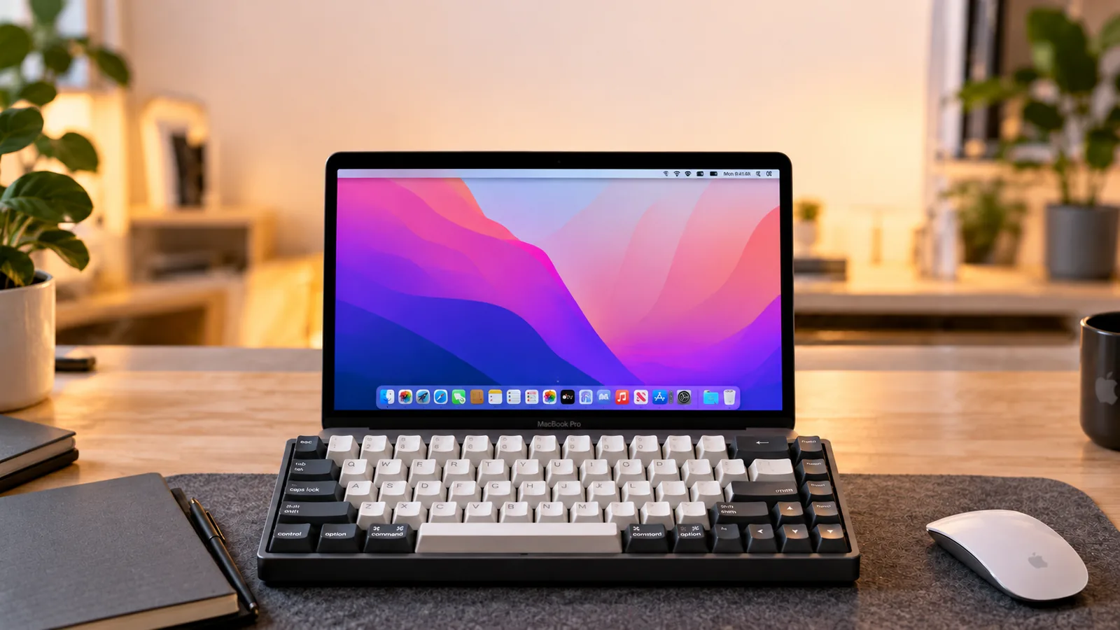 A compact mechanical keyboard with Mac modifier key legends sits in front of an open laptop on a clean wooden desk.