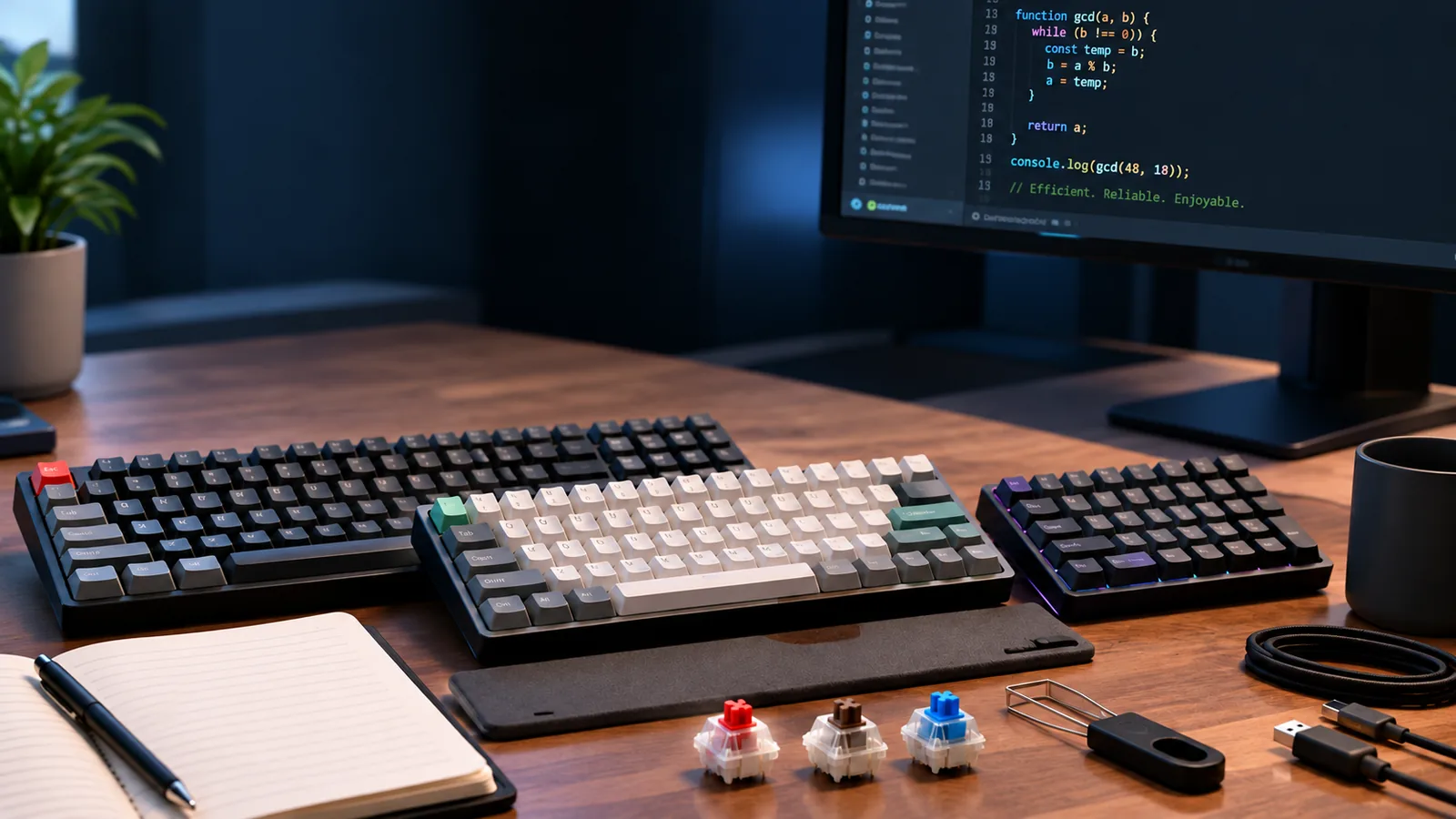 Three mechanical keyboards in different layouts sit on a programmer’s desk with a monitor displaying code and three loose switch samples.