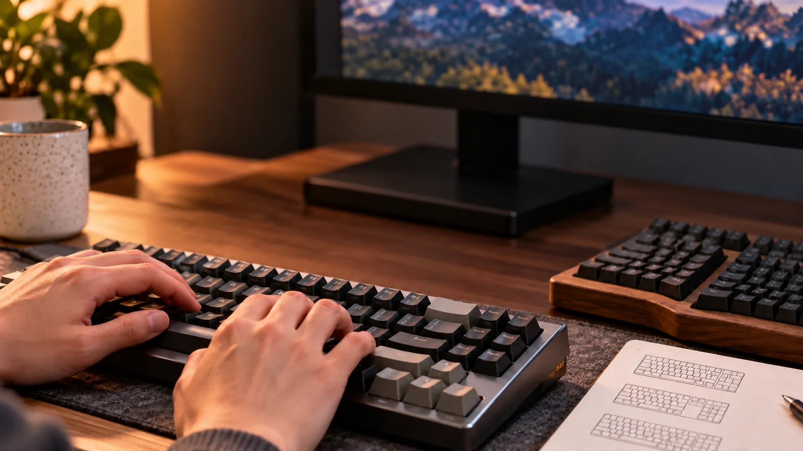 Hands type on a mechanical keyboard at a desk with a second keyboard and a notebook showing layout sketches nearby.