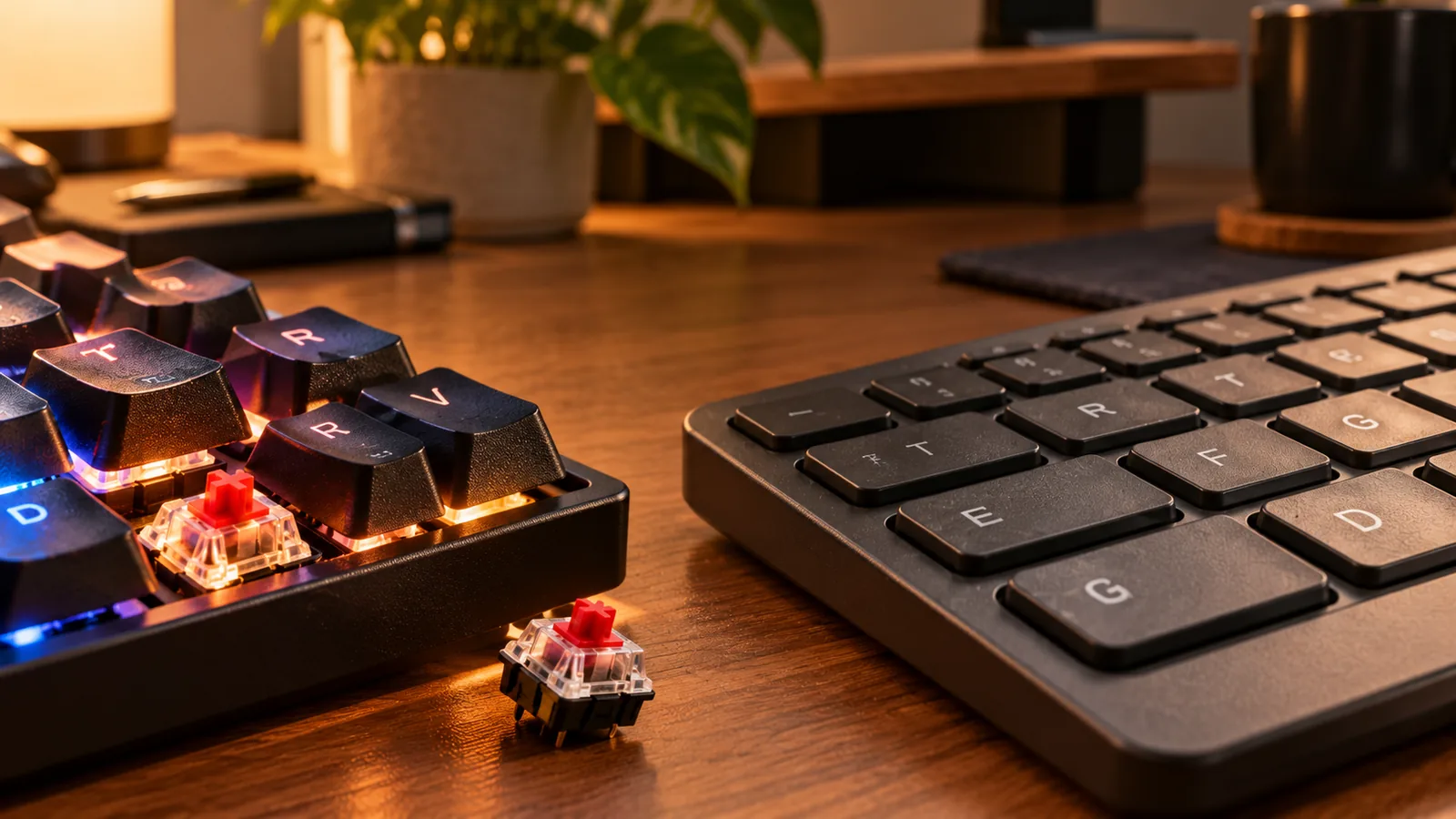 A backlit mechanical keyboard with a loose switch and a low-profile keyboard sit side by side on a warmly lit wooden desk.