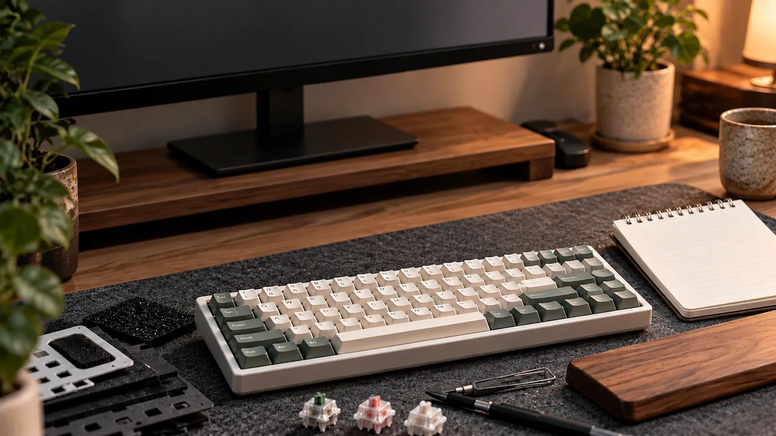 A cream mechanical keyboard and loose switches sit on a desk with sound-dampening materials, a monitor, plants, and a notebook.