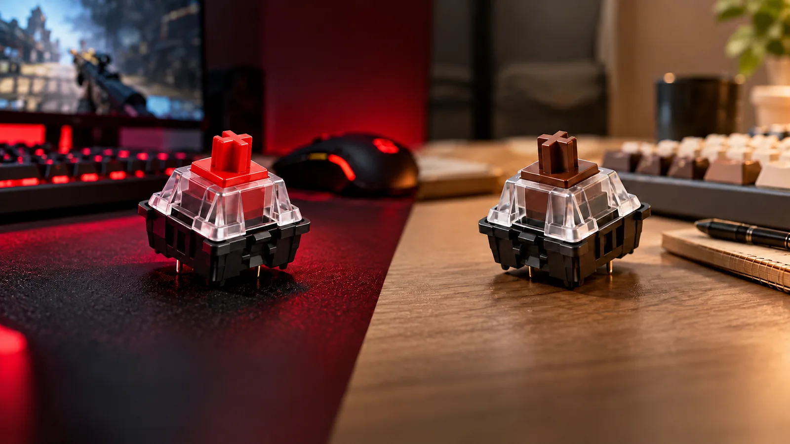 A red-stem mechanical switch and a brown-stem switch sit side by side on contrasting gaming and typing desks.