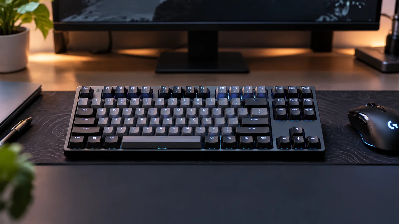 A compact tenkeyless keyboard with function, arrow, and navigation keys sits on a desk beside a mouse and monitor.
