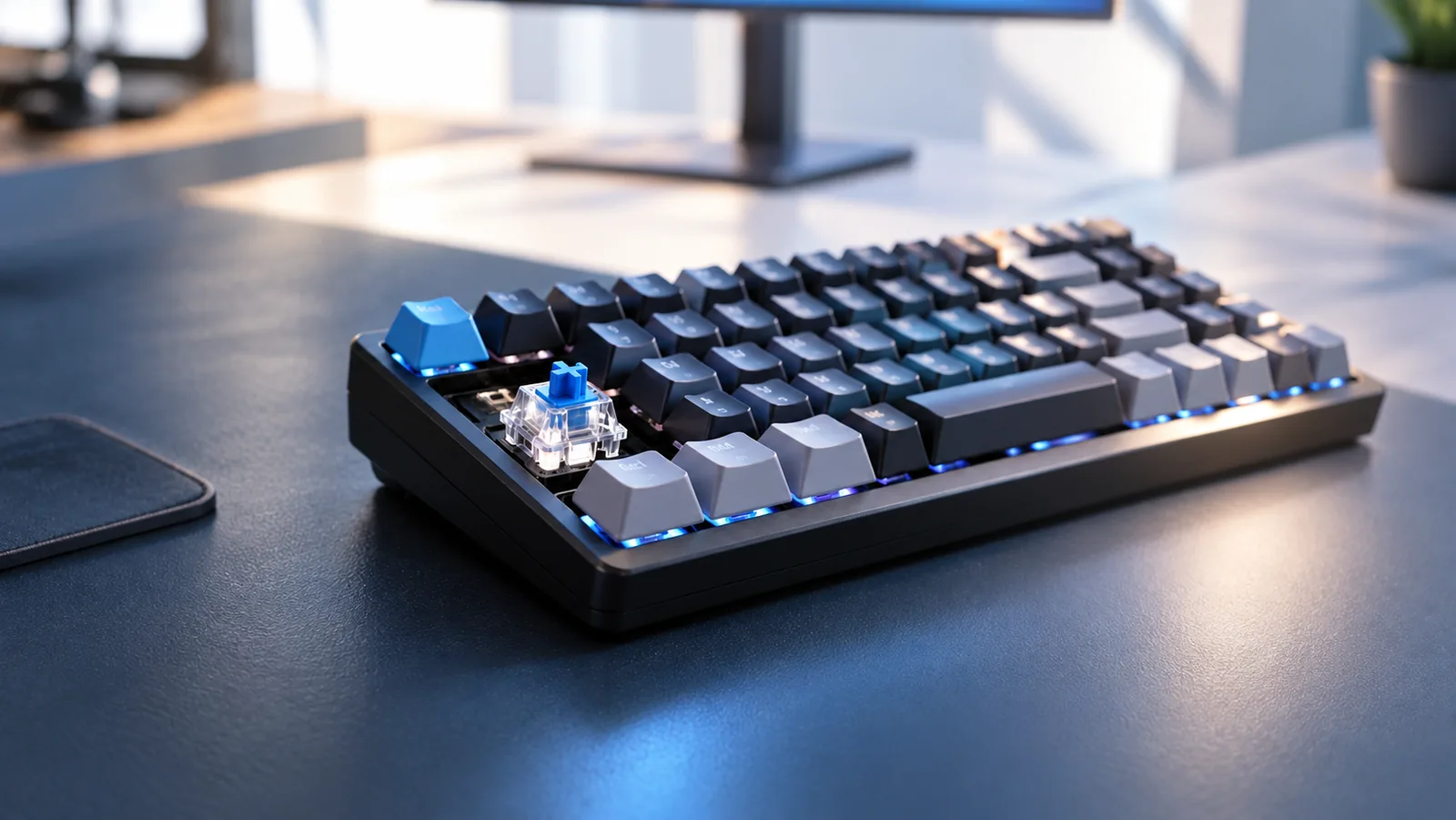 A backlit mechanical keyboard with one loose blue switch sits on a desk beneath a monitor.