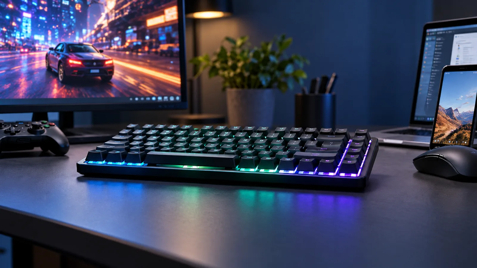 An RGB mechanical keyboard sits on a desk between a gaming monitor, laptop, and smartphone.